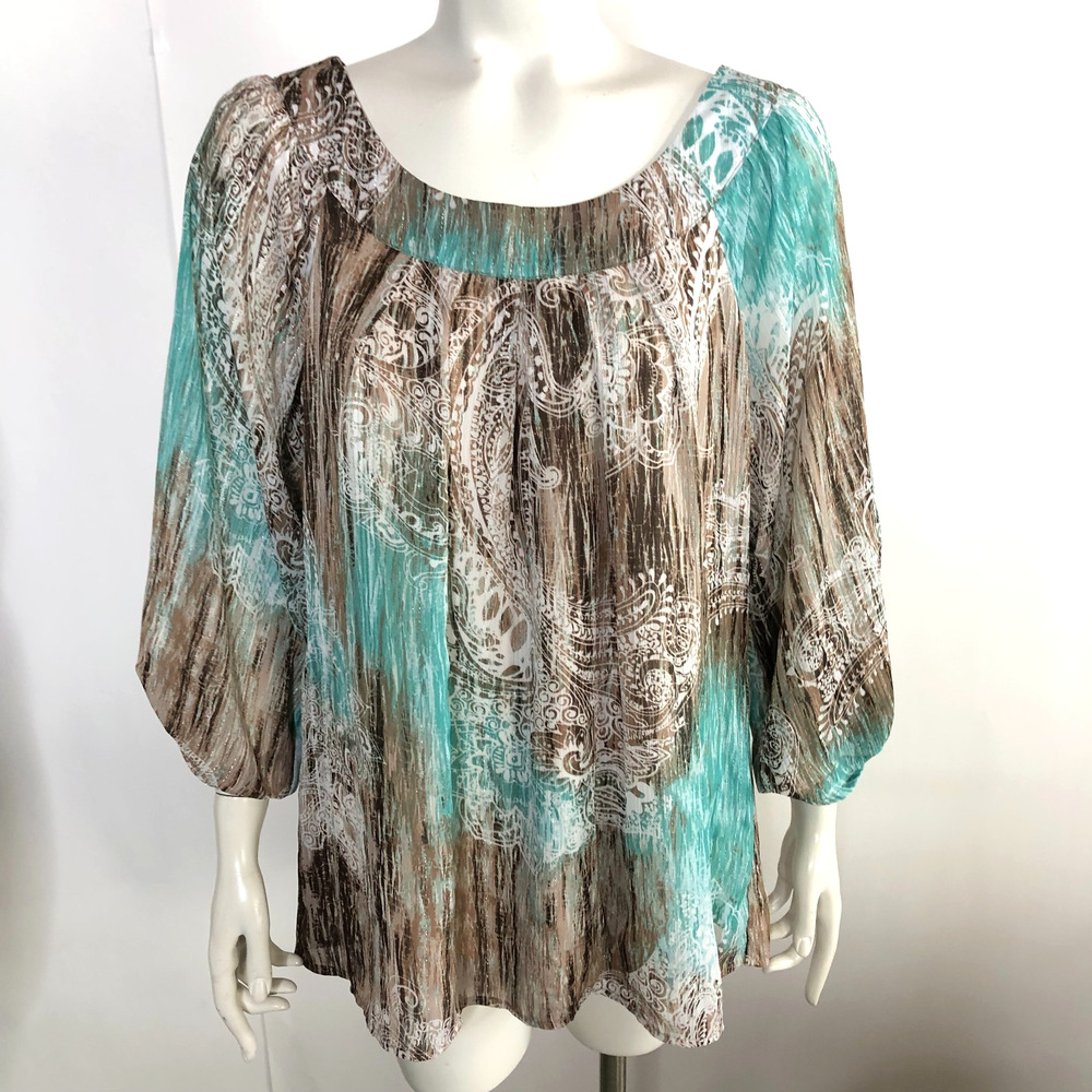 Dress Barn XL Whimsy Smocked BOHO Abstract Top Blouse Sheer Sleeve Brown Blue